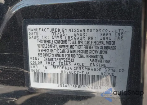 2015 Nissan Sentra Fe+ S/S/Sl/Sr/Sv z USA, uszkodzony, nr VIN 3N1AB7AP2FY222513